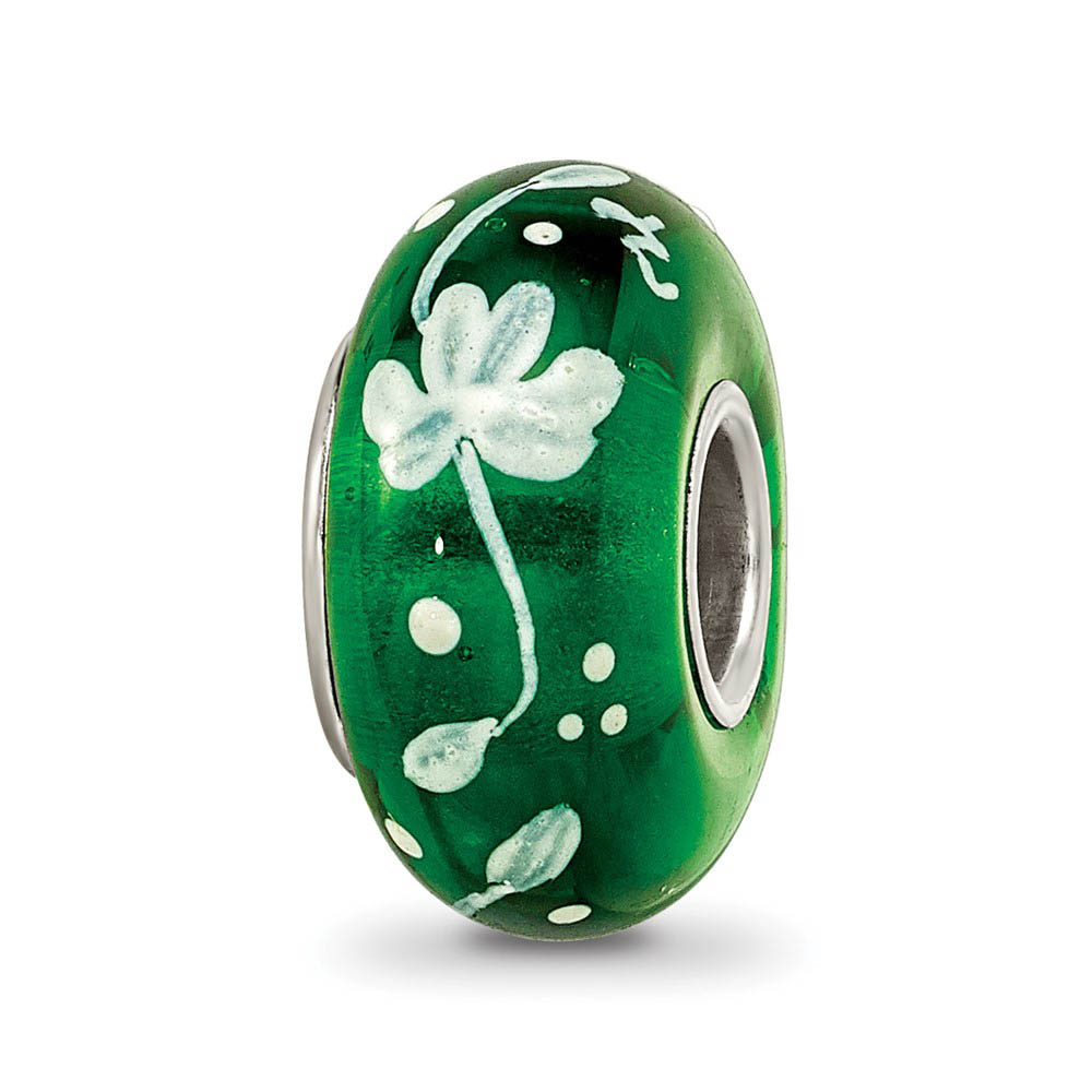 Fenton Green Hand Painted Clover Glass & Sterling Silver Bead Charm
