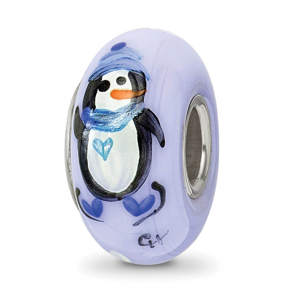 Fenton Blue Hand Painted Penguin Glass & Sterling Silver Bead Charm