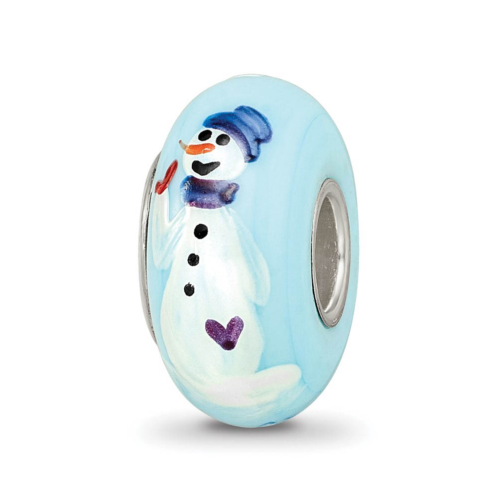 Fenton Blue Hand Painted Snowman Glass & Sterling Silver Bead Charm