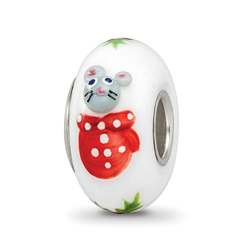 Fenton Hand Painted Christmas Mouse Glass & Sterling Silver Bead Charm