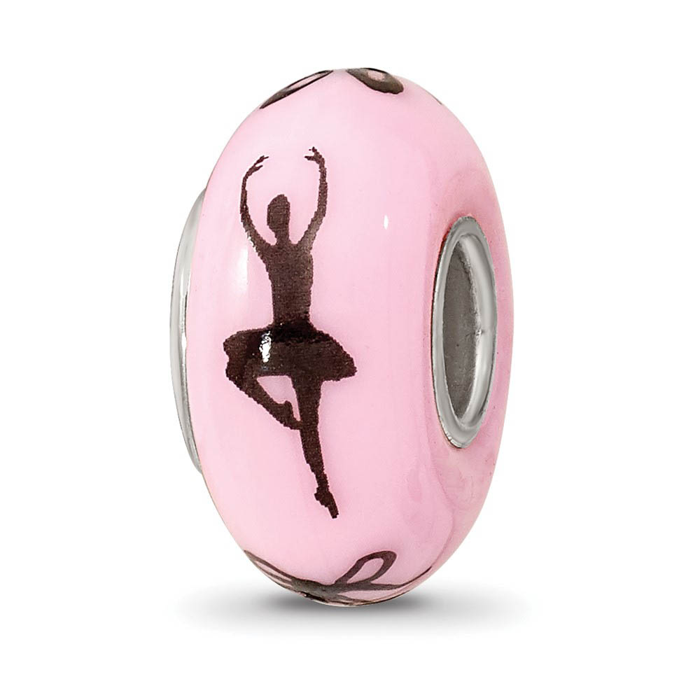 Fenton Pink Hand Painted Ballerina Glass & Sterling Silver Bead Charm