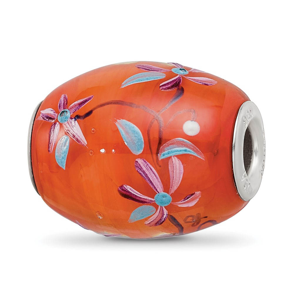 Fenton Orange Floral Glass & Sterling Silver Barrel Bead Charm
