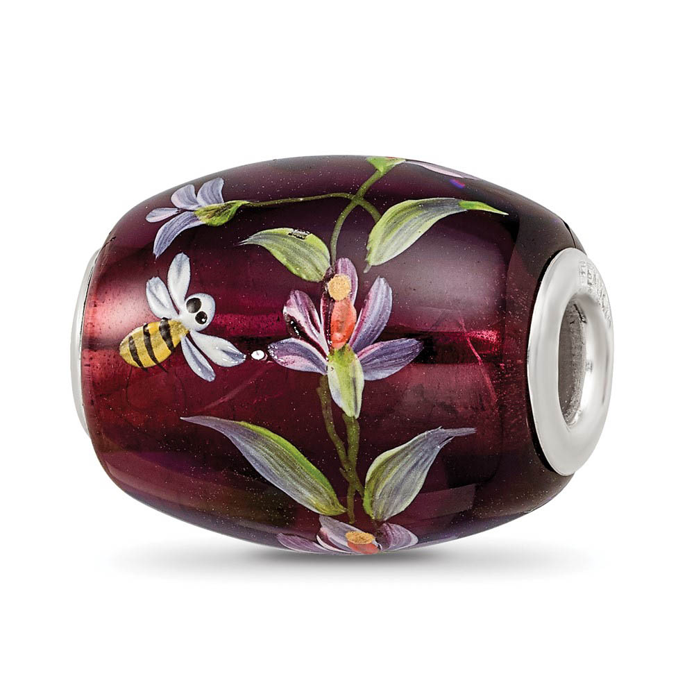 Fenton Purple Magnolias Glass & Sterling Silver Bead Charm