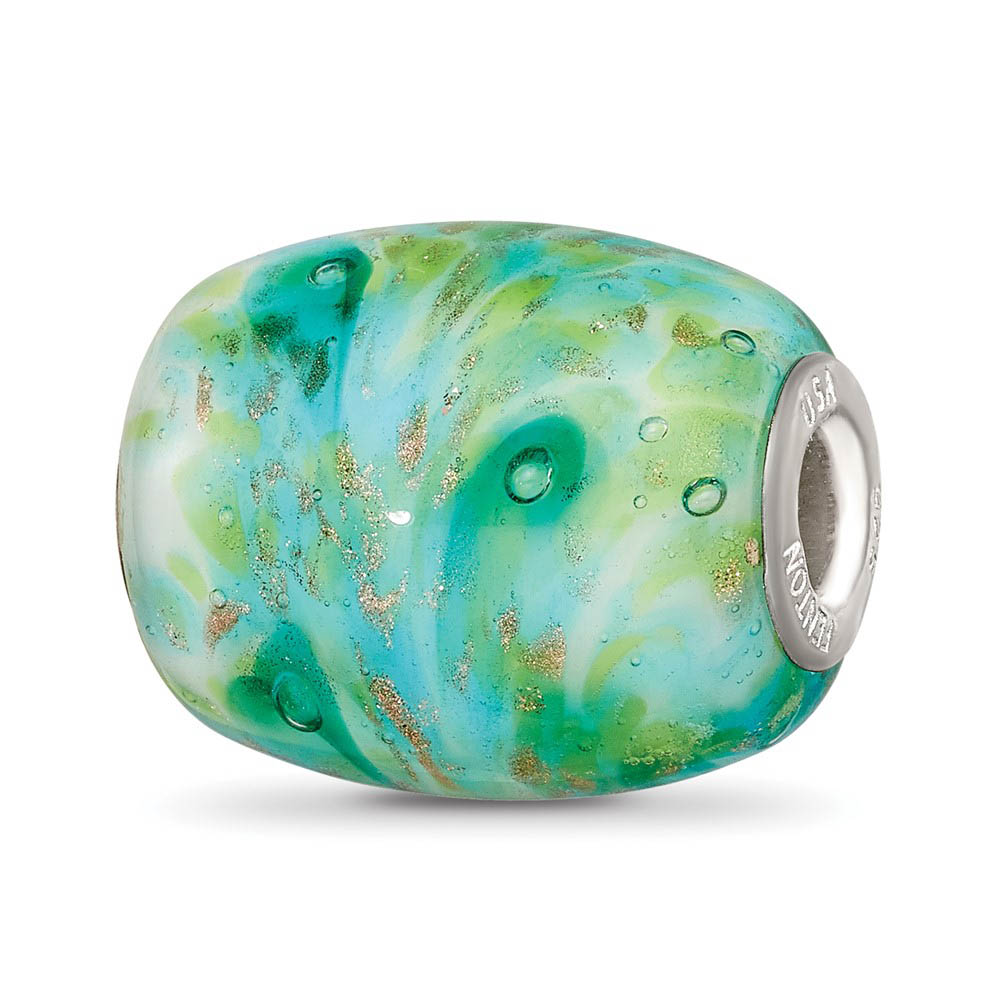 Fenton Green with Glitter Glass & Sterling Silver Barrel Bead Charm
