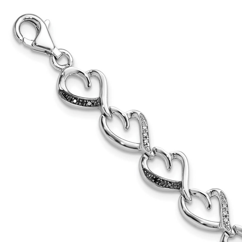 Black &amp; White Diamond 9mm Heart Bracelet in Sterling Silver, 7.5 Inch