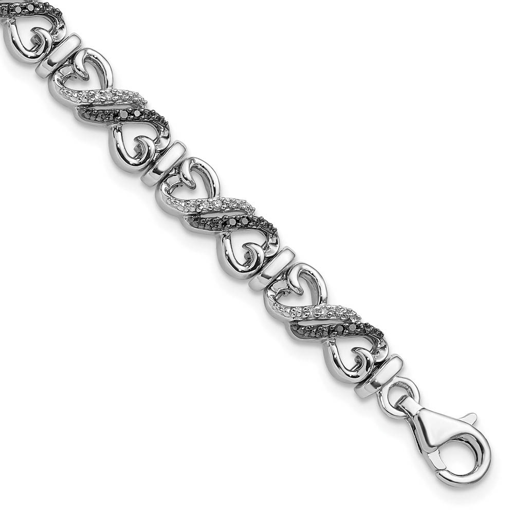 Black &amp; White Diamond 6mm Heart Bracelet in Sterling Silver, 7.5 Inch