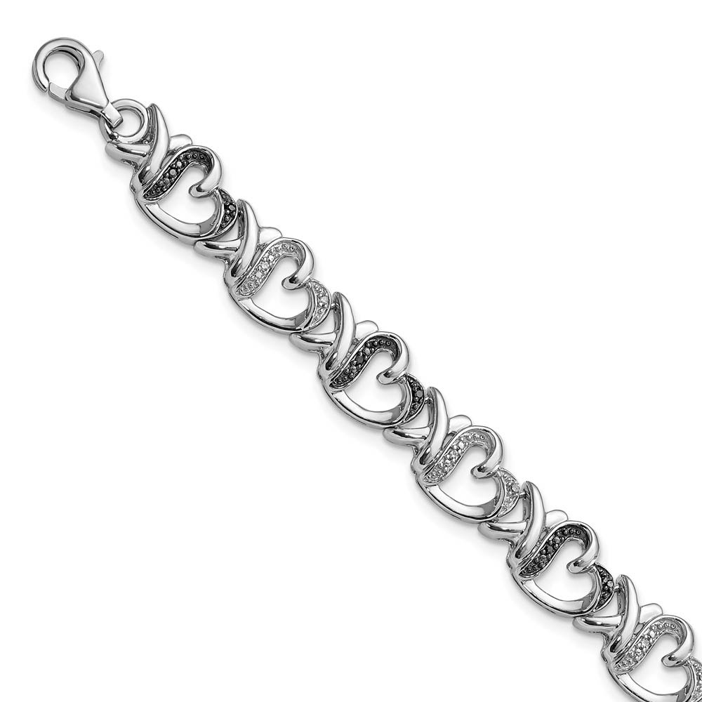 Black &amp; White Diamond 9mm X Heart Sterling Silver Bracelet, 7.5 Inch