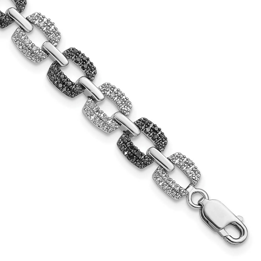 Black &amp; White Diamond 7mm Square Link Bracelet in Sterling Silver