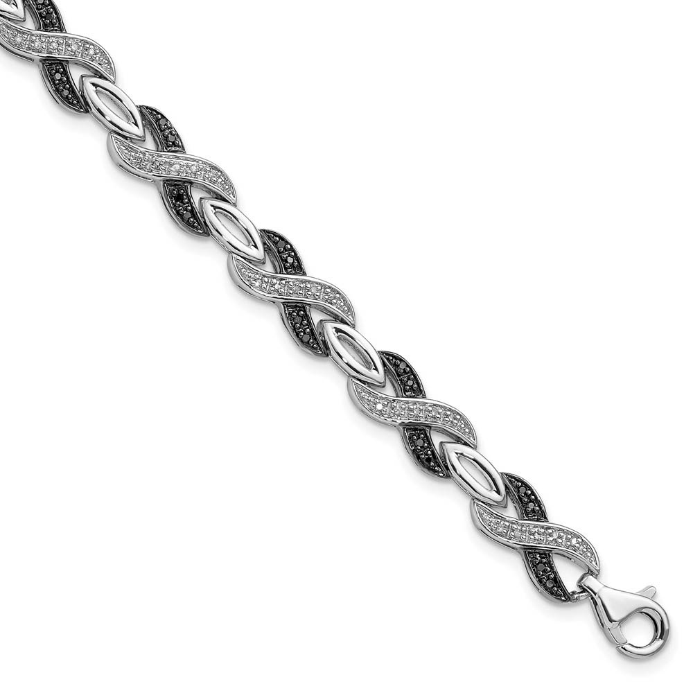 White & Black Diamond Crossover Bracelet in Sterling Silver