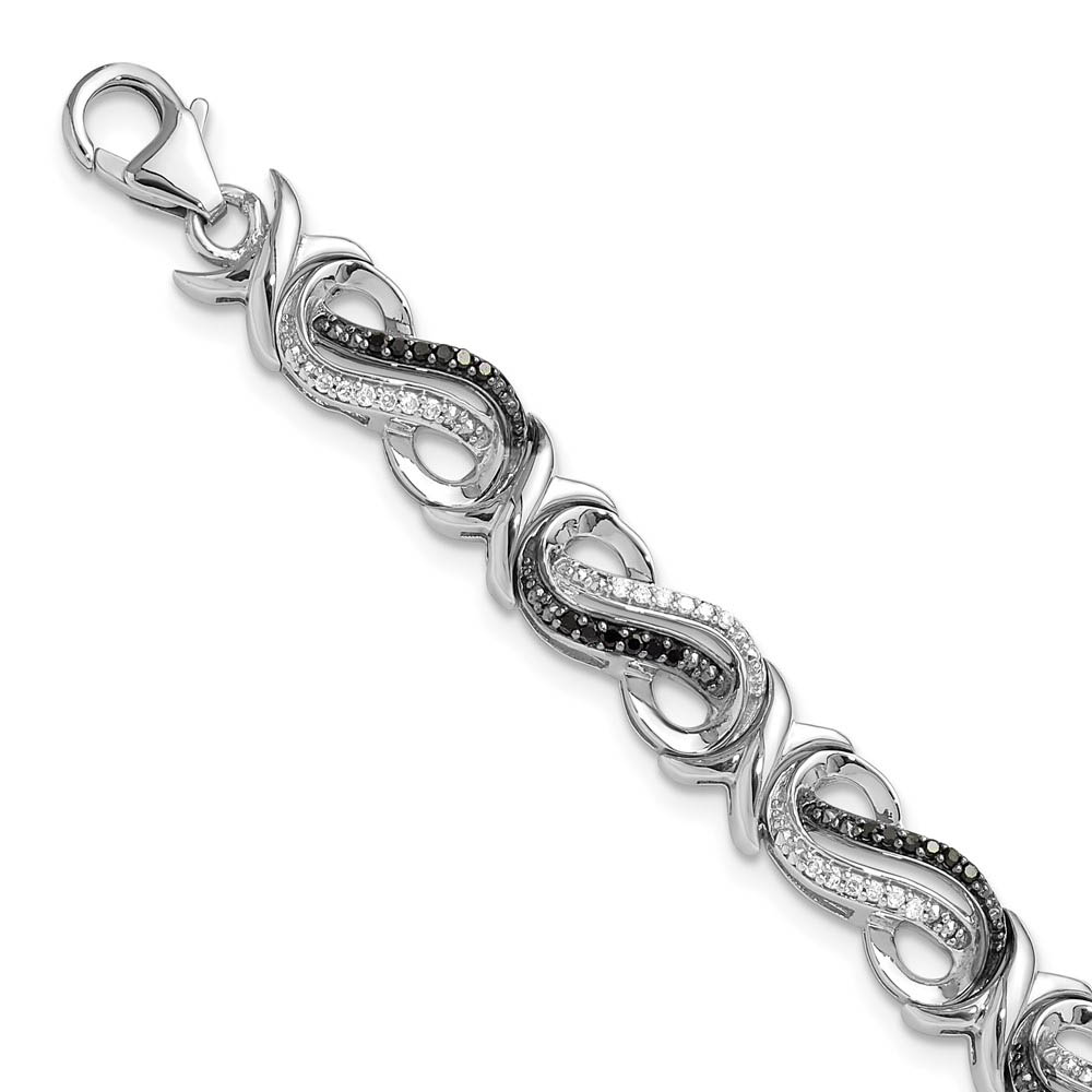 Sterling Silver Black &amp; White Diamond Scroll Link Bracelet, 7.5 Inch