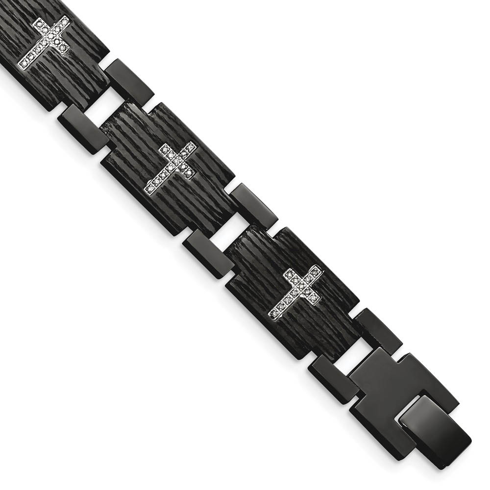 Mens 12mm Black Plated Stainless Steel Diamond Cross Bracelet, 8.5 In