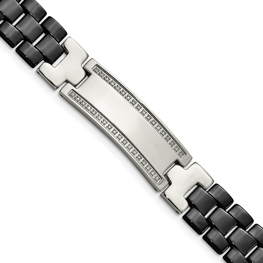 Mens 14mm Stainless Steel, Black Ceramic, Diamond I.D. Bracelet 8.5 in