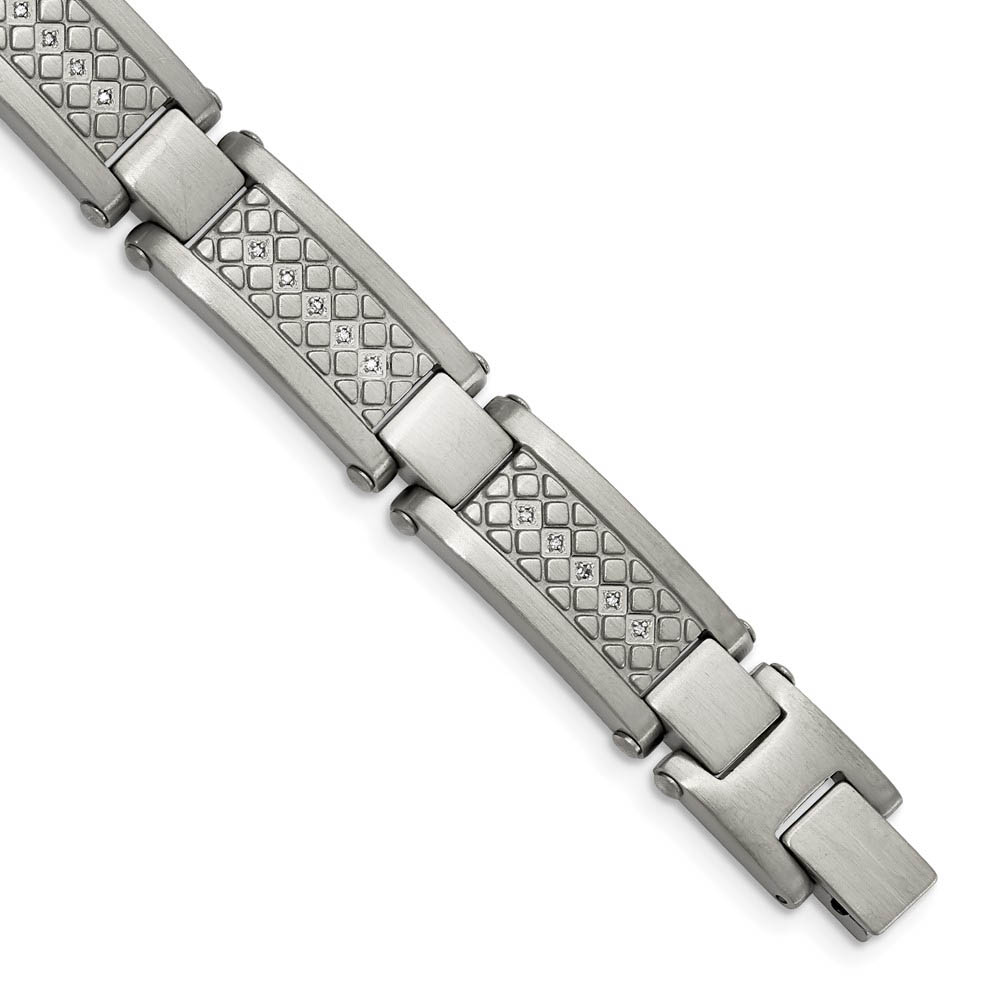 Men&#039;s 12mm Stainless Steel White Diamond Textured Bracelet, 9 Inch