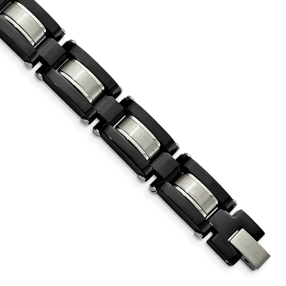 Mens 12mm Black Plated Stainless Steel Polished & Satin Bracelet, 8 In