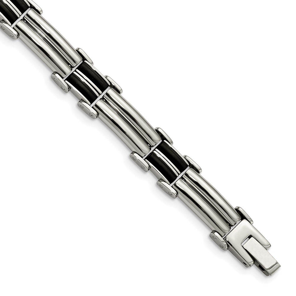 Men&#039;s 10mm Polished Stainless Steel &amp; Black Rubber Bracelet, 8 Inch