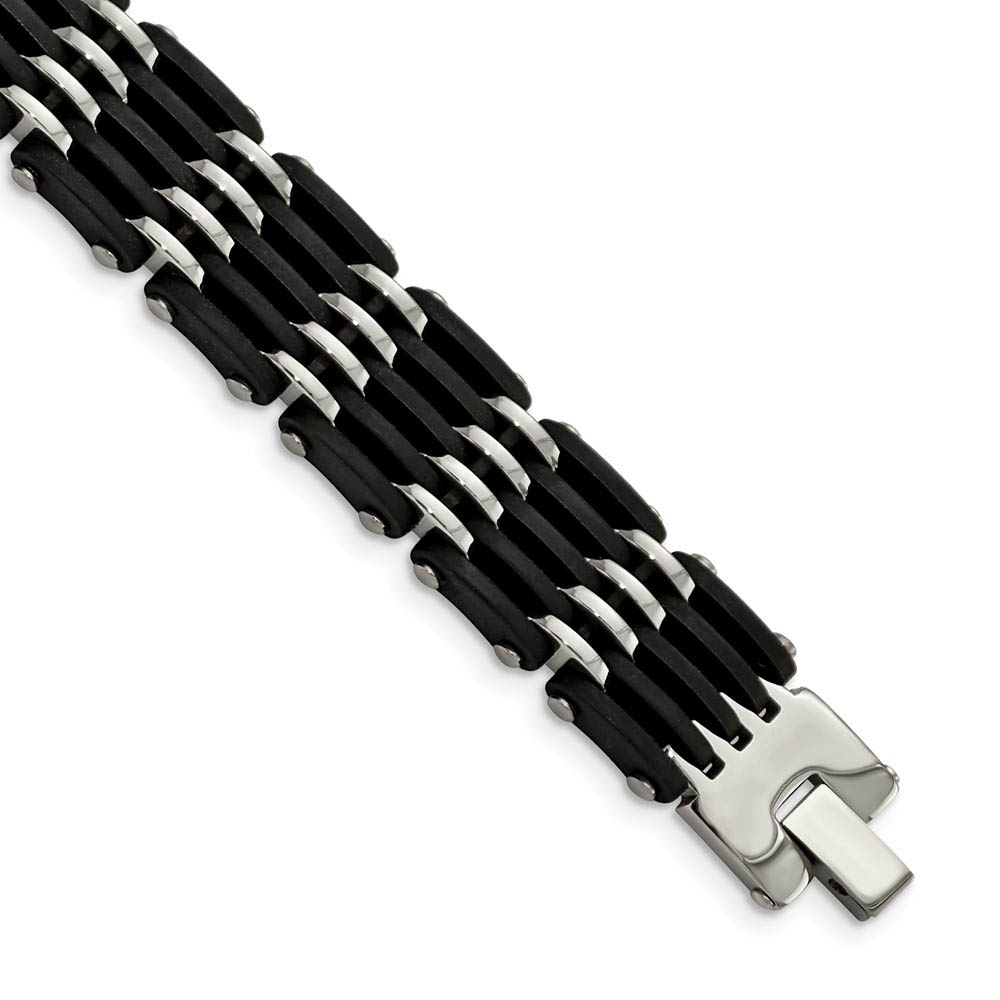 Men&#039;s 15mm Black Rubber &amp; Polished Stainless Steel Bracelet, 8.25 Inch