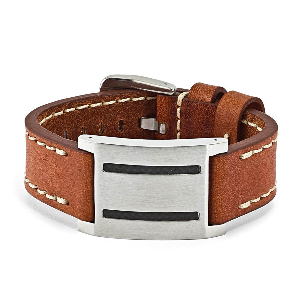 Mens Brown Leather, Carbon Fiber &amp; Stainless Steel ID Buckle Bracelet