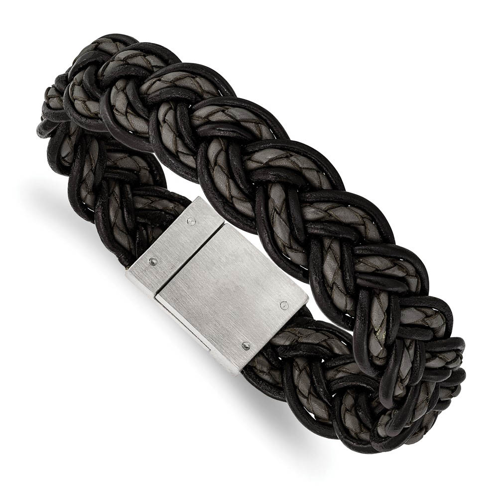 Men&#039;s 17mm Woven Black &amp; Gray Leather Stainless Steel Bracelet, 8.5 In