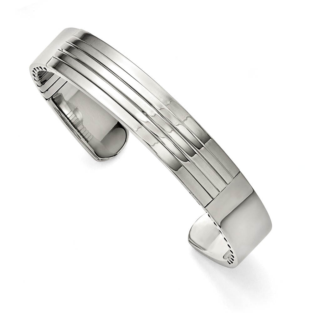 Men&#039;s Stainless Steel 14mm Polished and Grooved Cuff Bracelet