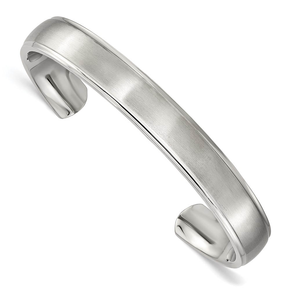 Men&#039;s Stainless Steel 11mm Flat Brushed Ridged Edge Cuff Bracelet