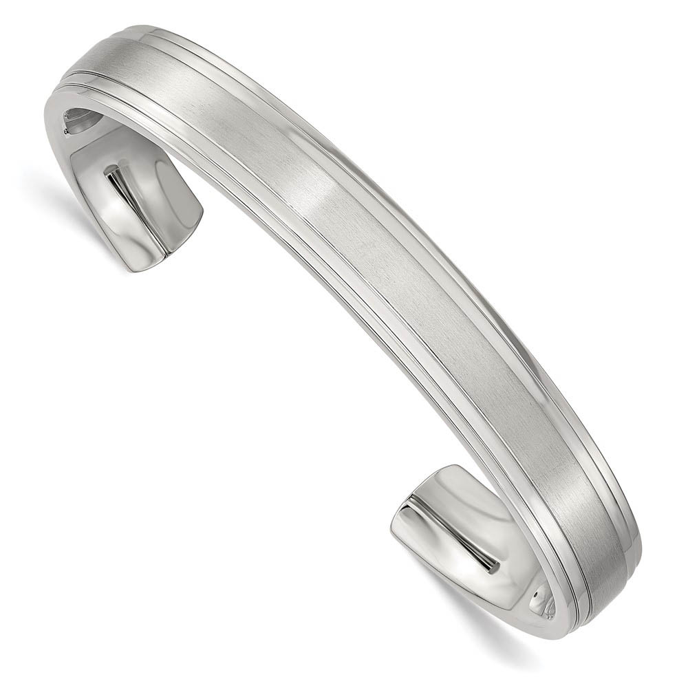 Mens Stainless Steel 11mm Polished/Brushed Dbl Step Edge Cuff Bracelet