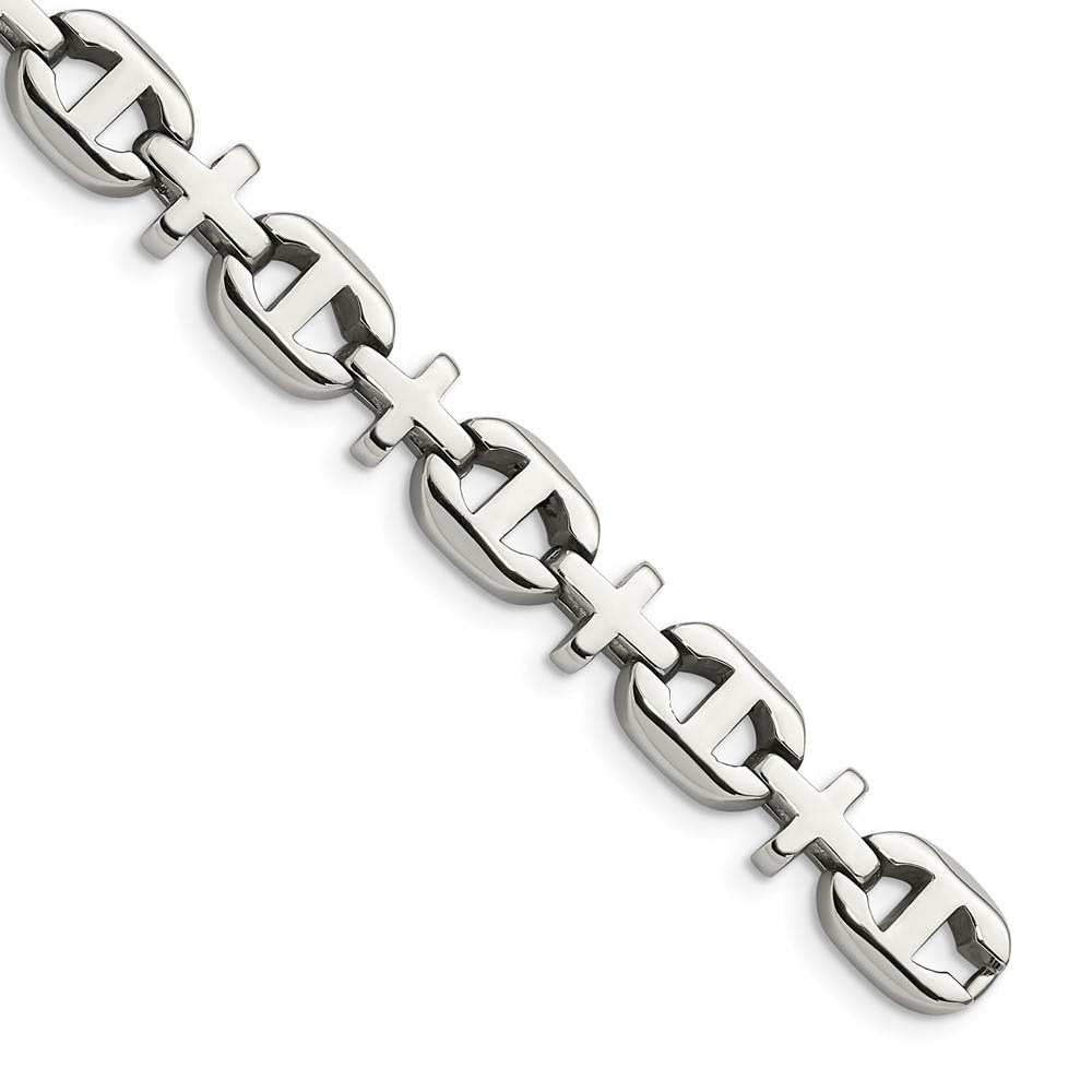 Men&#039;s 10mm Cross and Anchor Link Stainless Steel Bracelet, 8.5 Inch