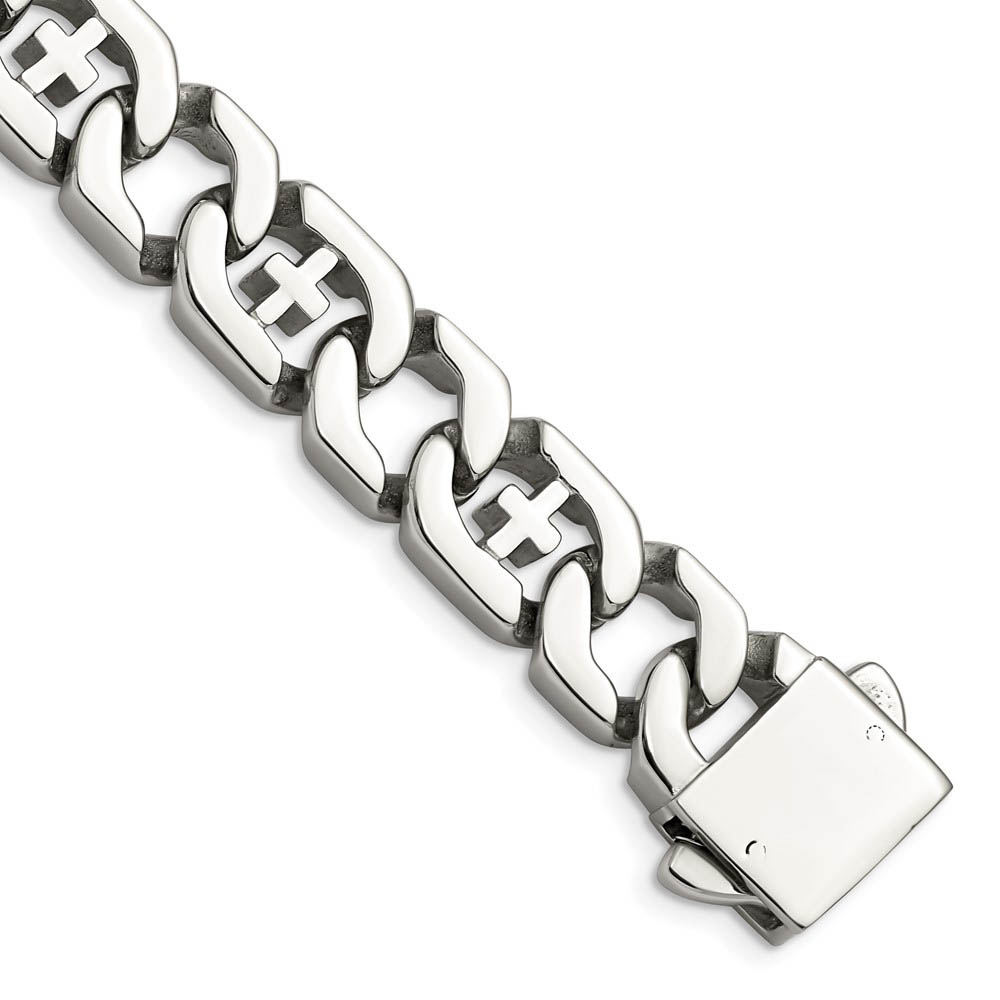 Men&#039;s 14mm Curb Link with Crosses Stainless Steel Bracelet, 8.5 Inch