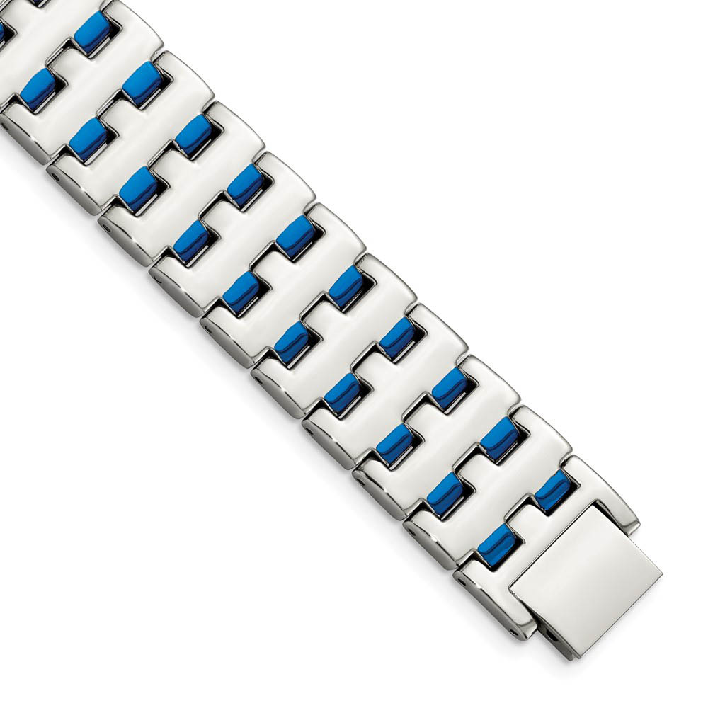 Men&#039;s 18mm Polished &amp; Blue Plated Stainless Steel Link Bracelet, 8 In