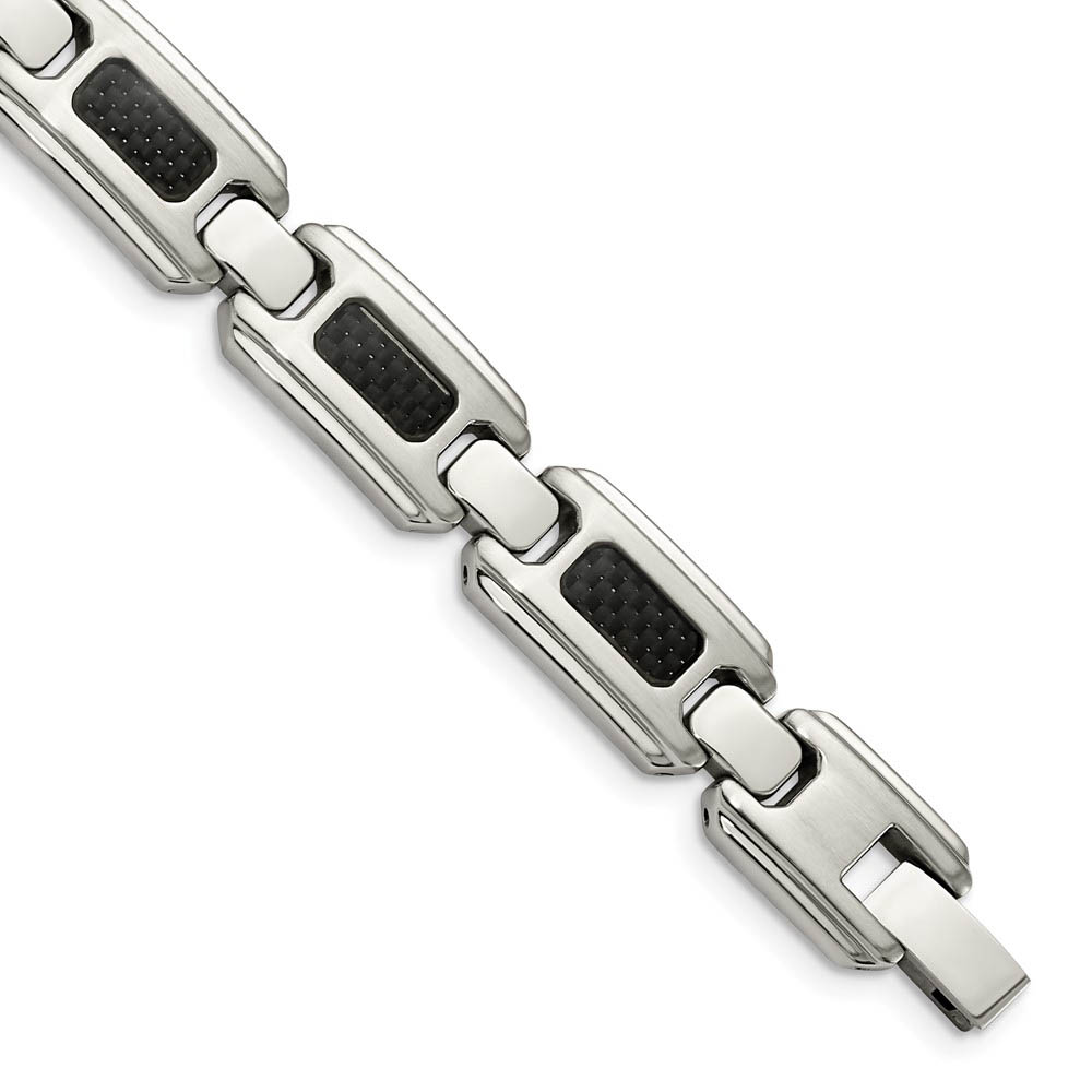 Men&#039;s 13mm Stainless Steel &amp; Black Carbon Fiber Link Bracelet, 9 Inch