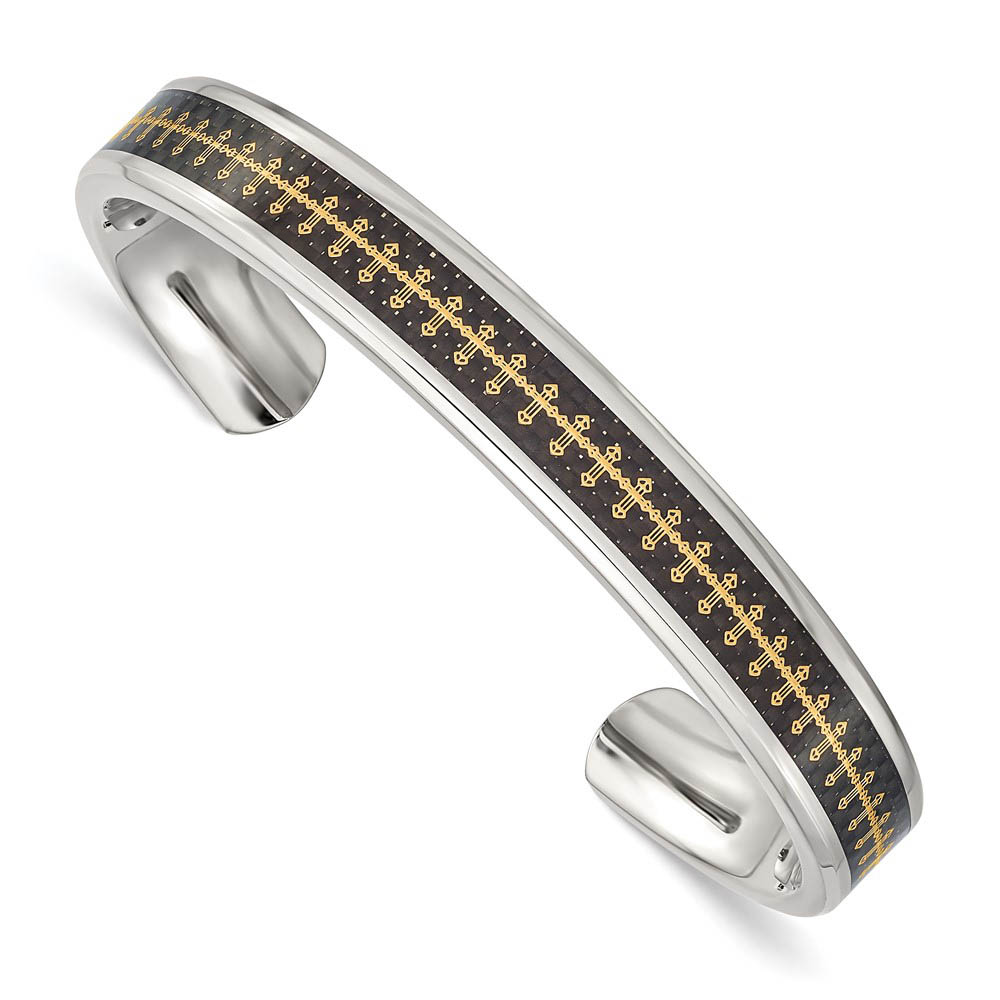 Mens Stainless Steel, Blk Carbon Fiber &amp; Gold Tone Cross Cuff Bracelet