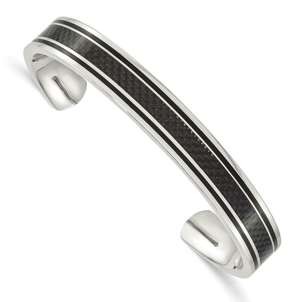 Men&#039;s 10mm Stainless Steel, Black Plated &amp; Carbon Fiber Cuff Bracelet