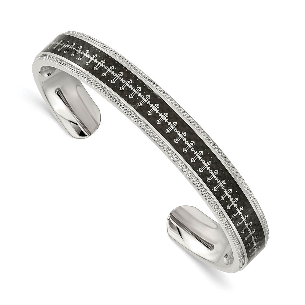 Men&#039;s 10mm Stainless Steel, Black Carbon Fiber &amp; Cross Cuff Bracelet