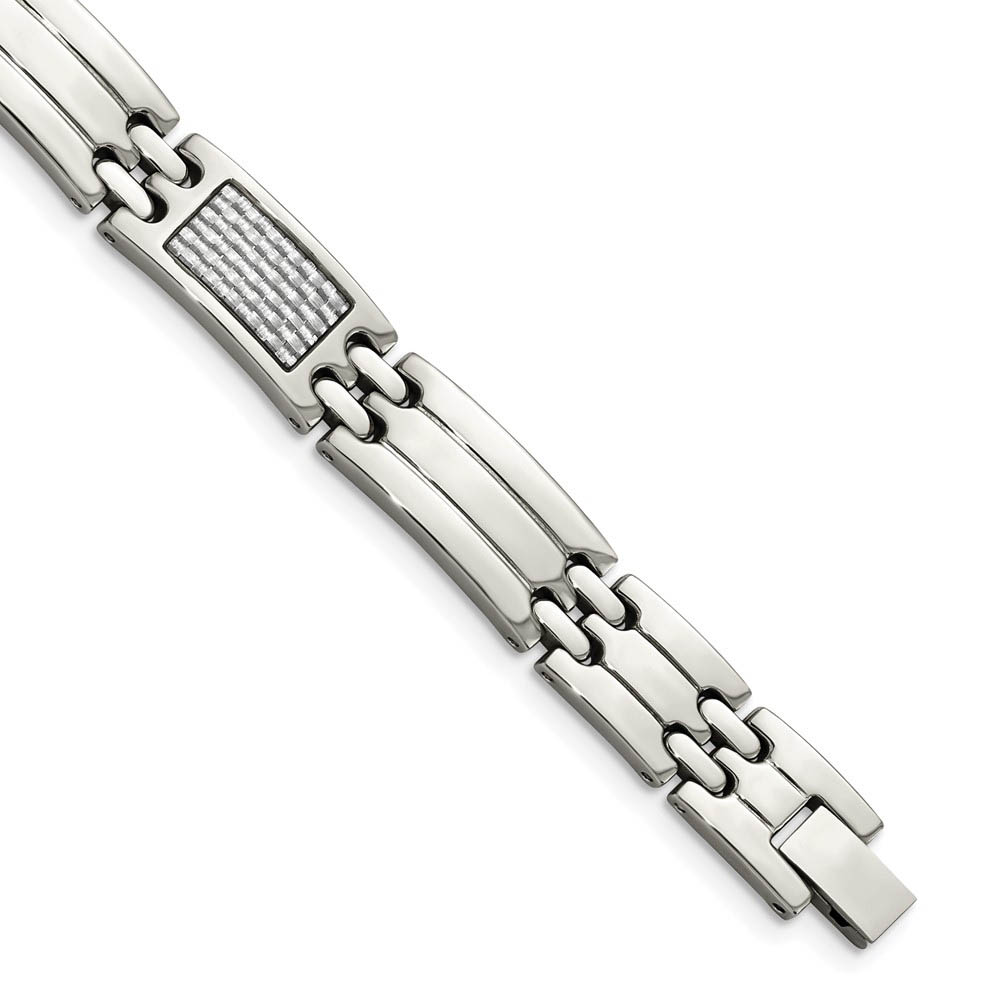 Men's 10mm Stainless Steel & Gray Carbon Fiber Link Bracelet