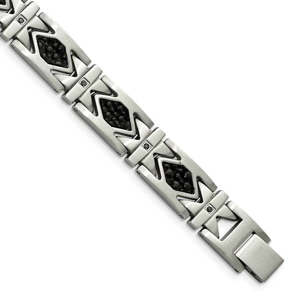 Mens 12mm Stainless Steel, Black Leather & CZ Aztec Bracelet
