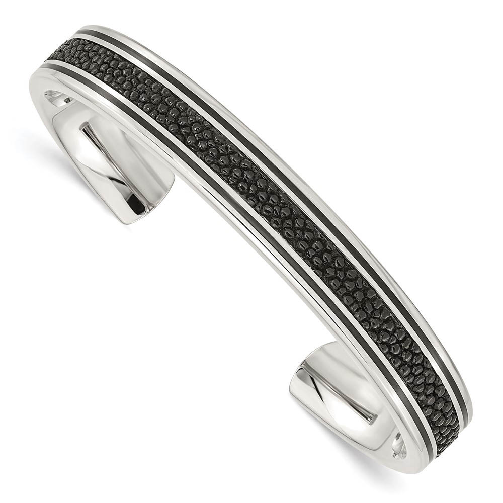 Men's 10mm Stainless Steel, Black Leather Textured Cuff Bracelet