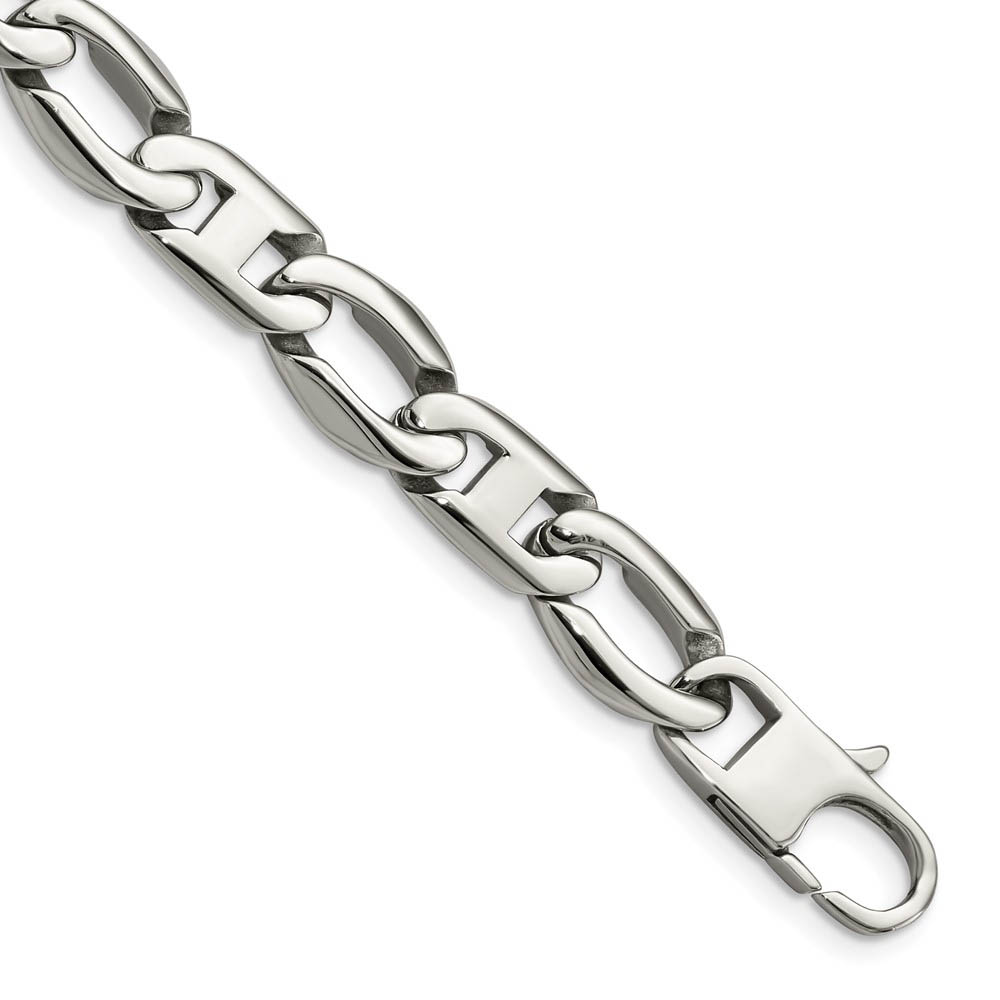 Mens 12mm Stainless Steel Open Oval and Anchor Chain Bracelet