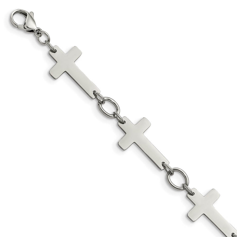 Polished Stainless Steel Sideways Cross Link Bracelet, 8 Inch