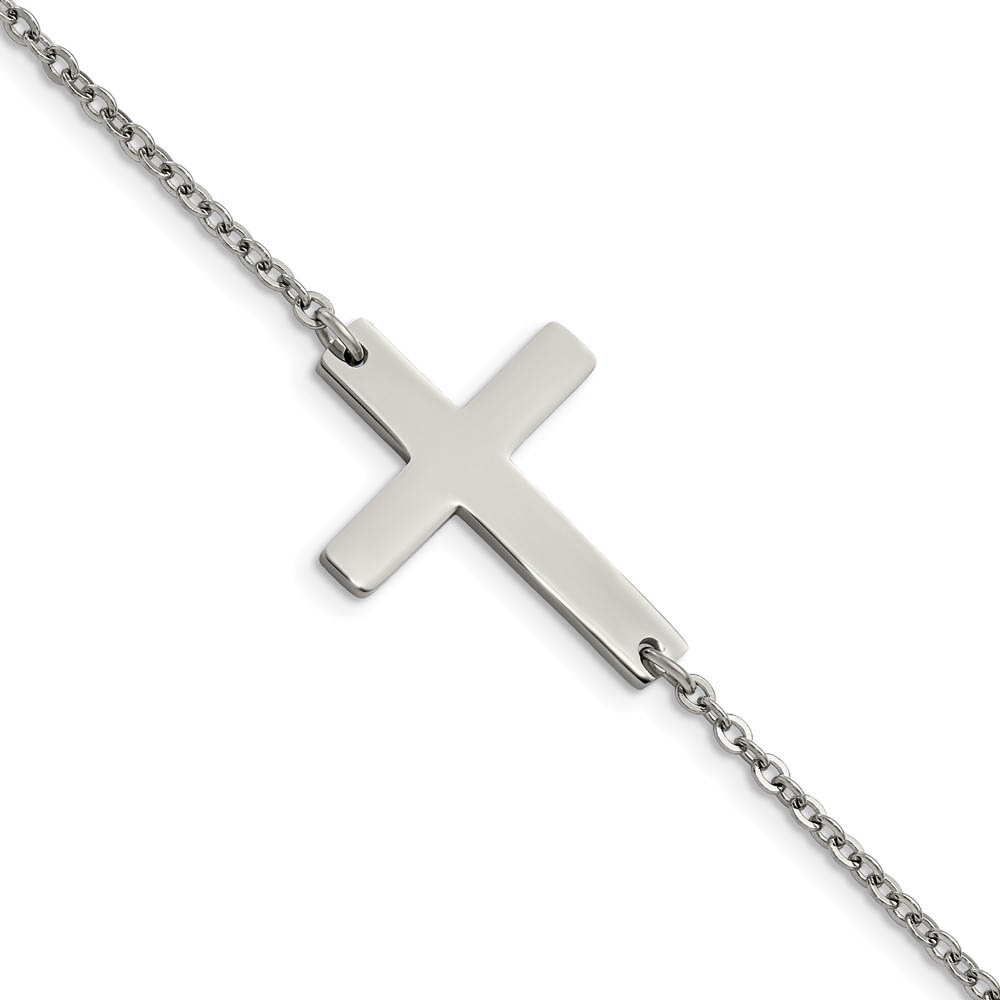 Polished Stainless Steel Sideways Cross Bracelet, 7.25 Inch