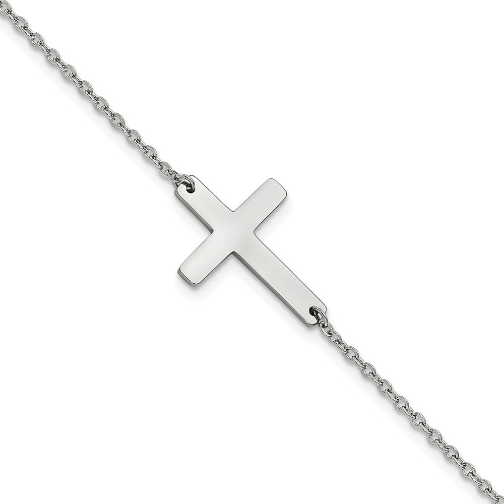 Polished Stainless Steel Sideways Cross Anklet