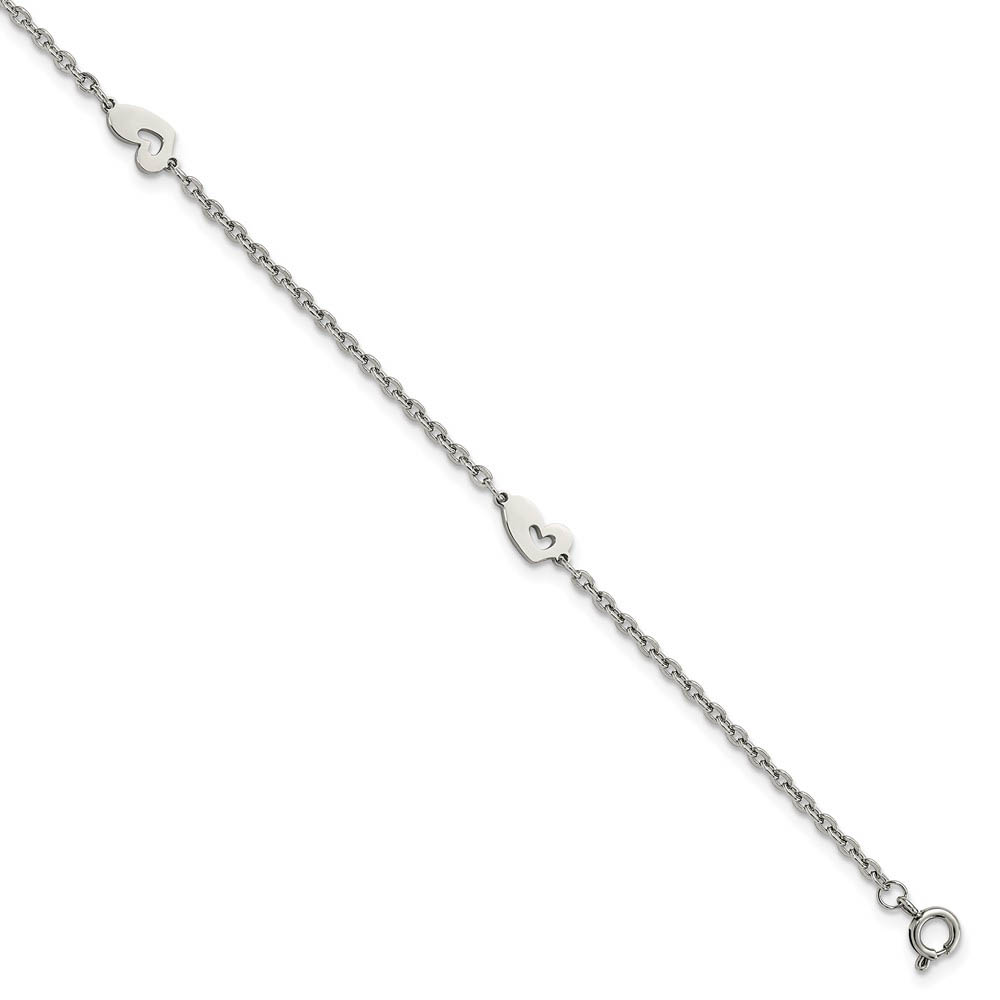 Asymmetrical Heart Anklet in Stainless Steel, 9-10 Inch