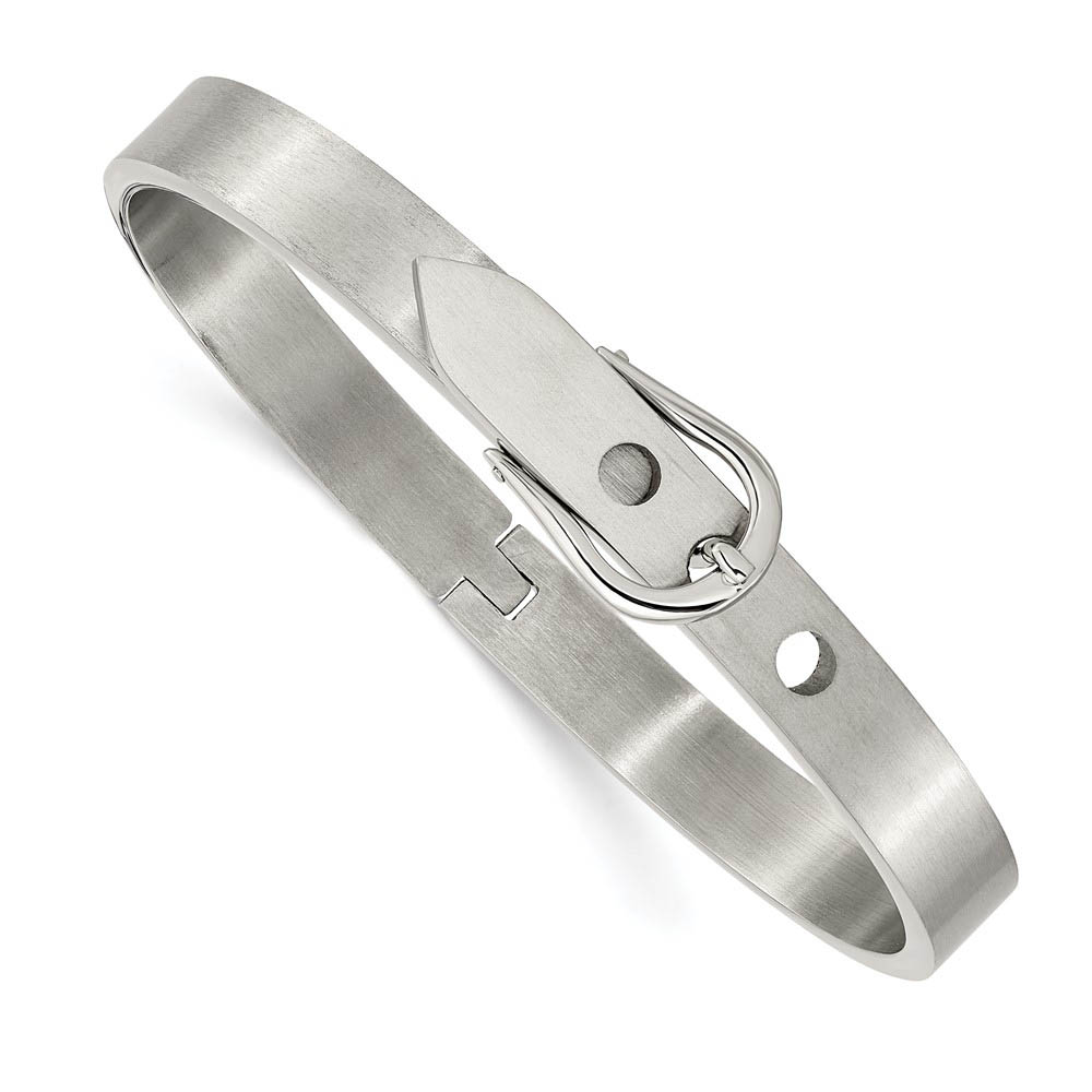 7mm Stainless Steel Polished &amp; Brushed Hinged Buckle Bangle Bracelet