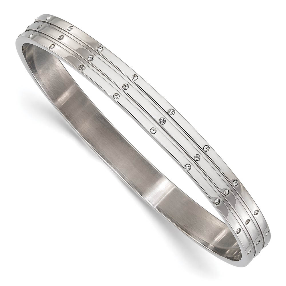 8mm Stainless Steel Grooved &amp; Cubic Zirconia Bangle Bracelet