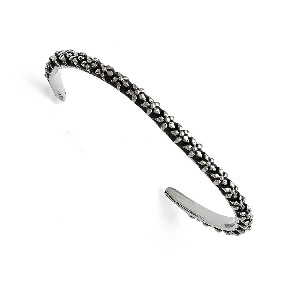 5mm Stainless Steel Antiqued &amp; Polished Floral Thin Cuff Bracelet