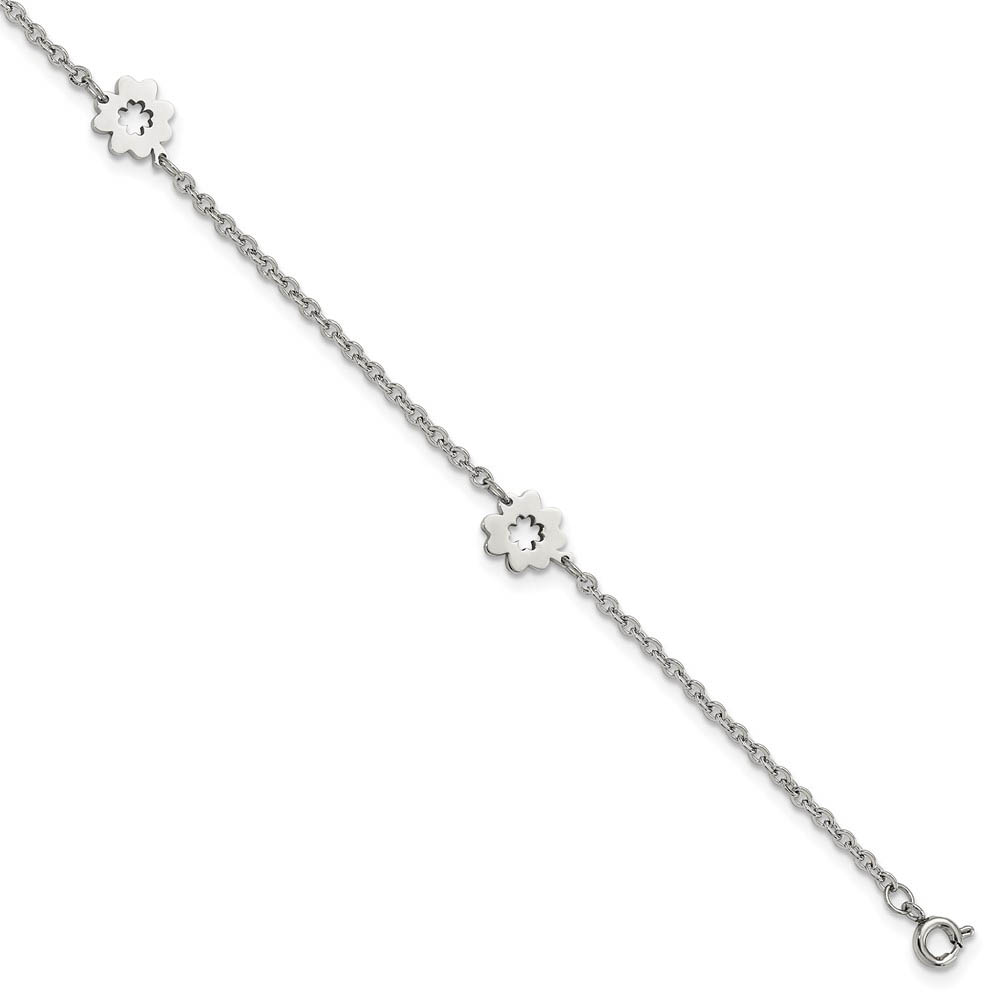 Polished Stainless Steel Flower Anklet, Inch