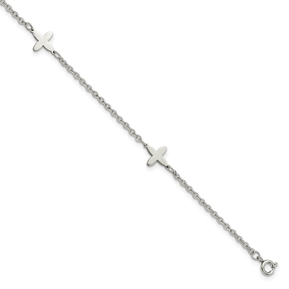 Polished Stainless Steel Cross Anklet, 9-10 Inch