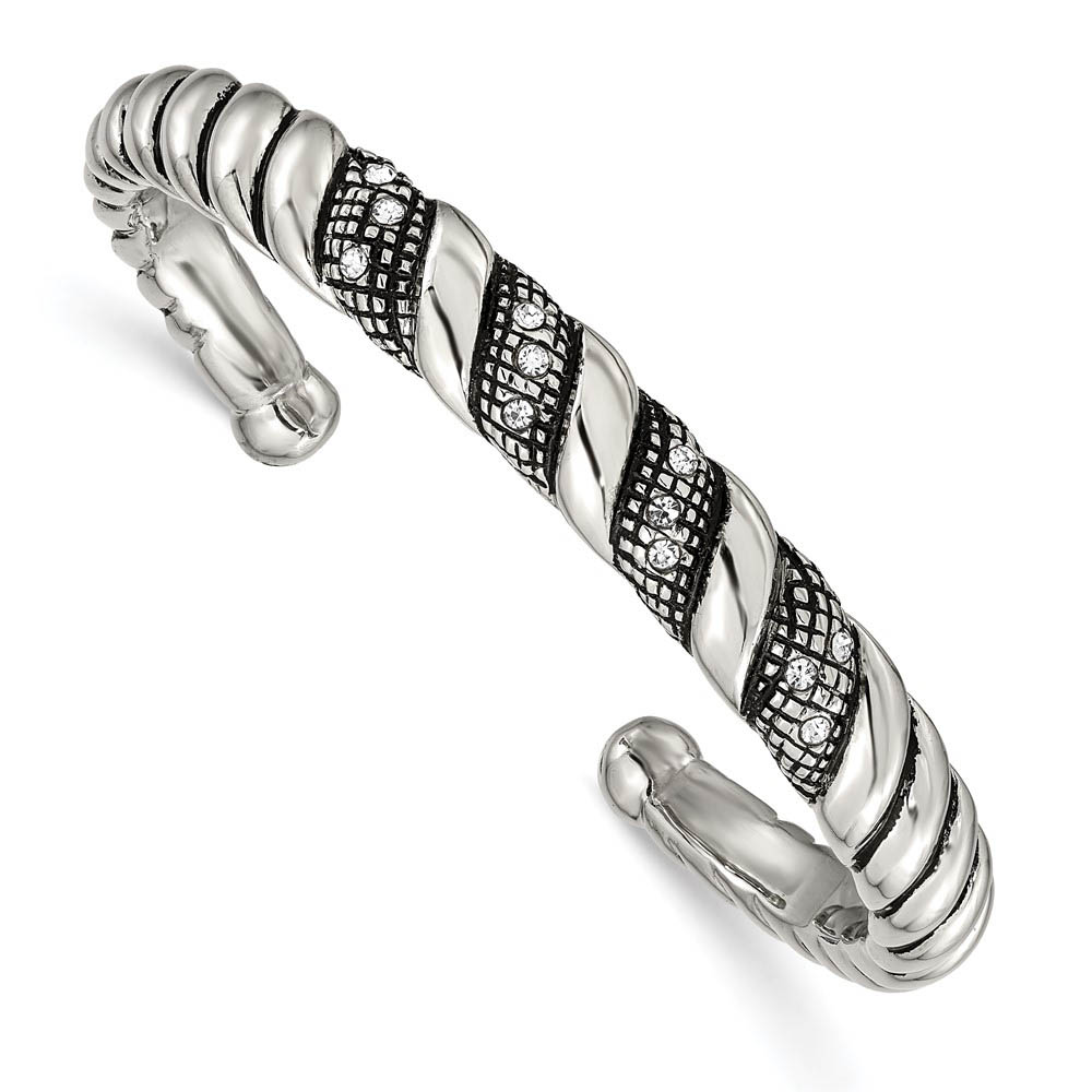 10mm Stainless Steel &amp; Crystal Antiqued &amp; Polished Cuff Bracelet