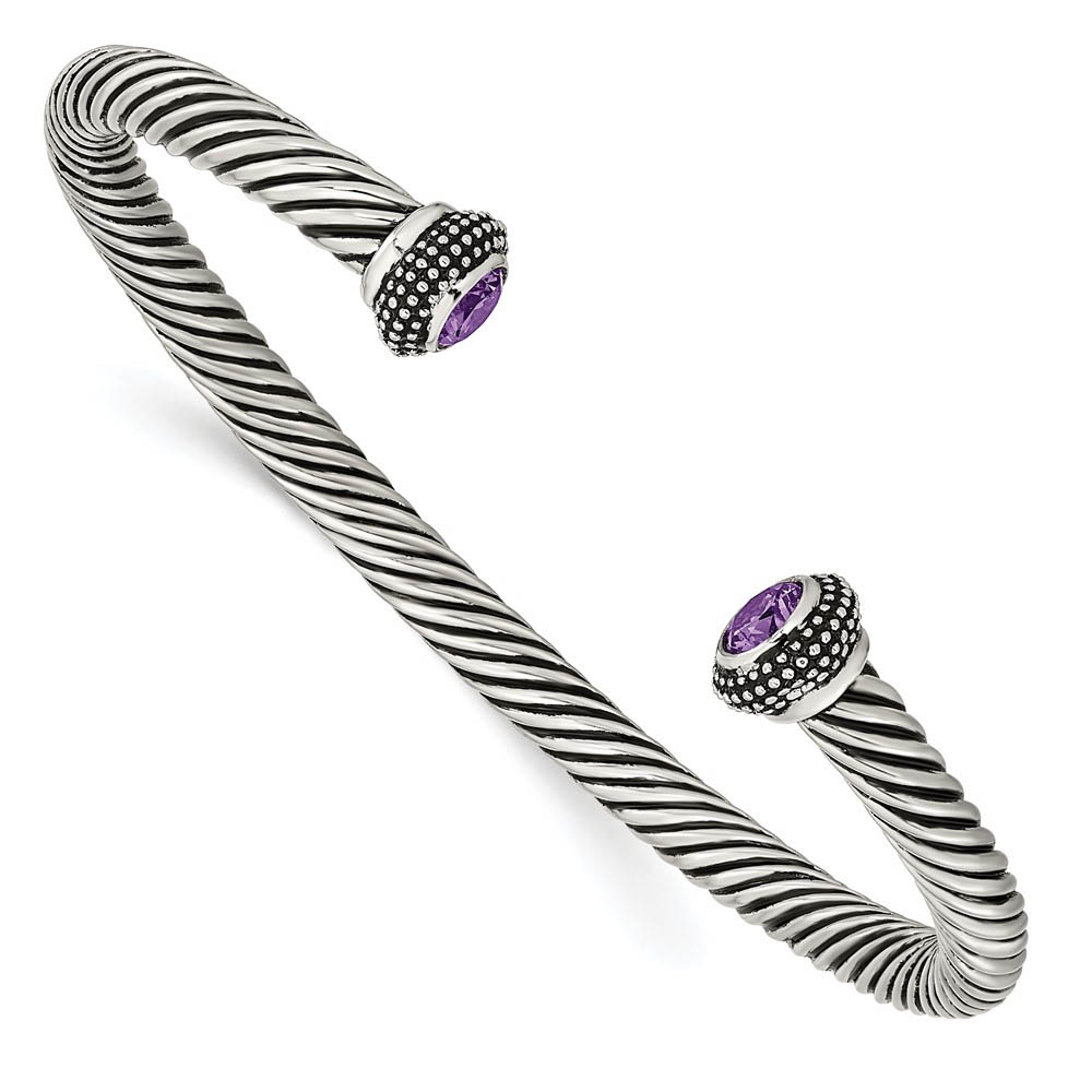 Stainless Steel &amp; Purple Cubic Zirconia Antiqued Twisted Cuff Bracelet