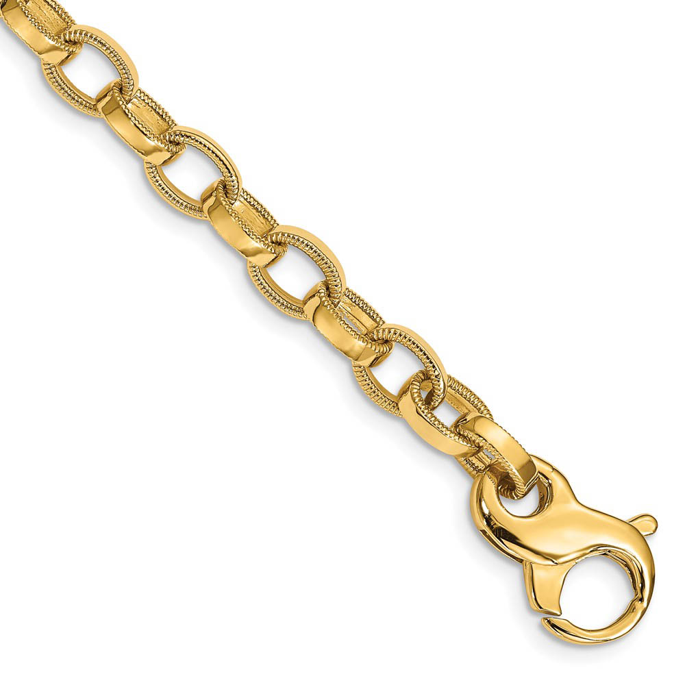 Men&#039;s 6.25mm 14k Yellow Gold Ridged Oval Link Chain Bracelet