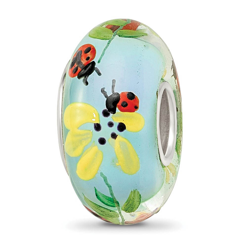 Fenton Sterling Silver Hand Painted Ladybug Love Glass Bead Charm