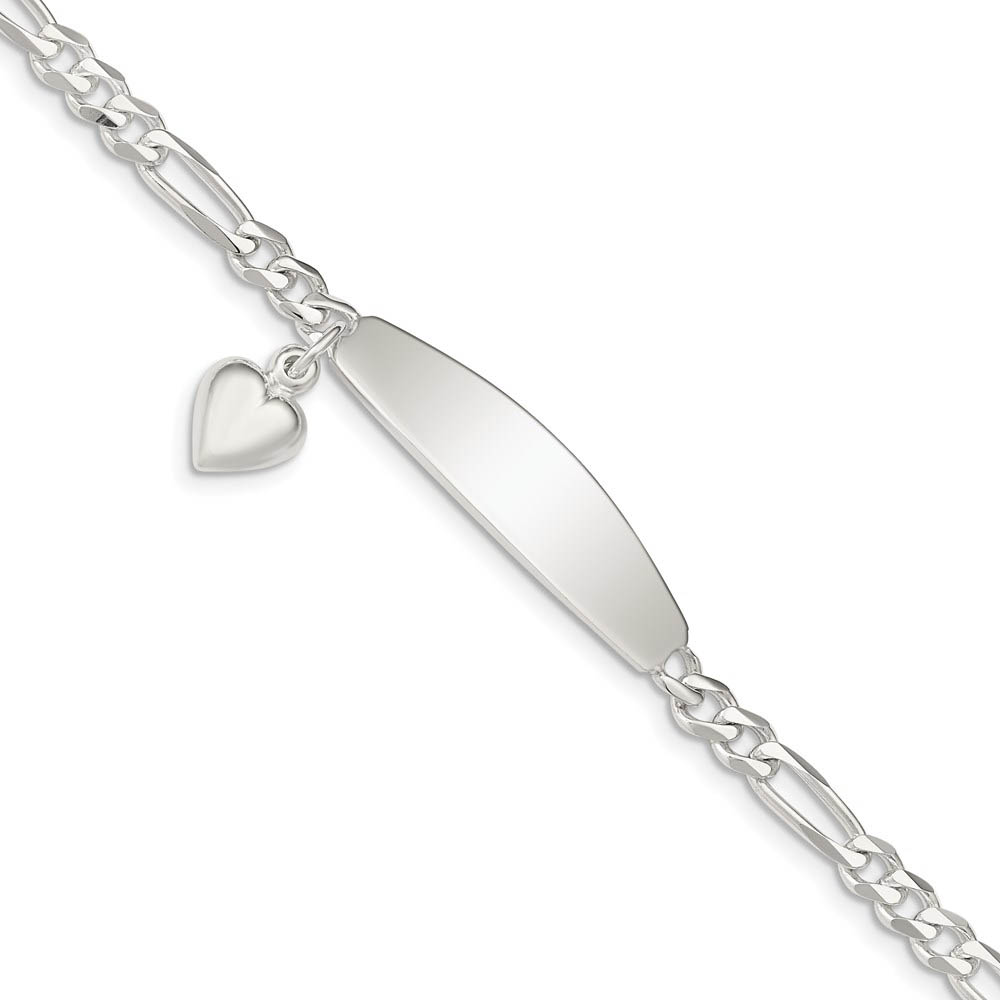 9mm Sterling Silver Heart Charm Figaro Link I.D. Bracelet